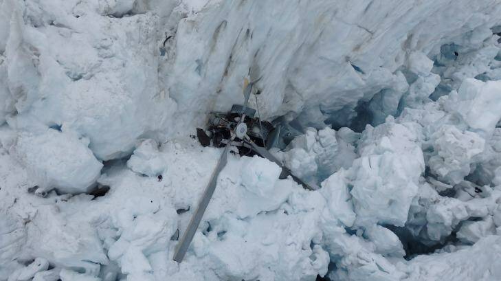 The wreckage of the helicopter which crashed killing all seven people on board in the crevasse on Fox Glacier. Photo: NZ Police