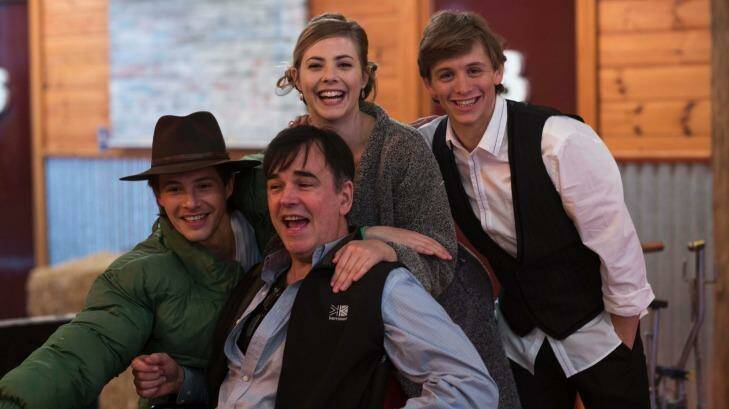 Tim Ferguson (front) with <i>Spin Out</i> cast (from left) Xavier Samuel, Morgan Griffin and Travis Jeffery.  Photo: Sarah Enticknap