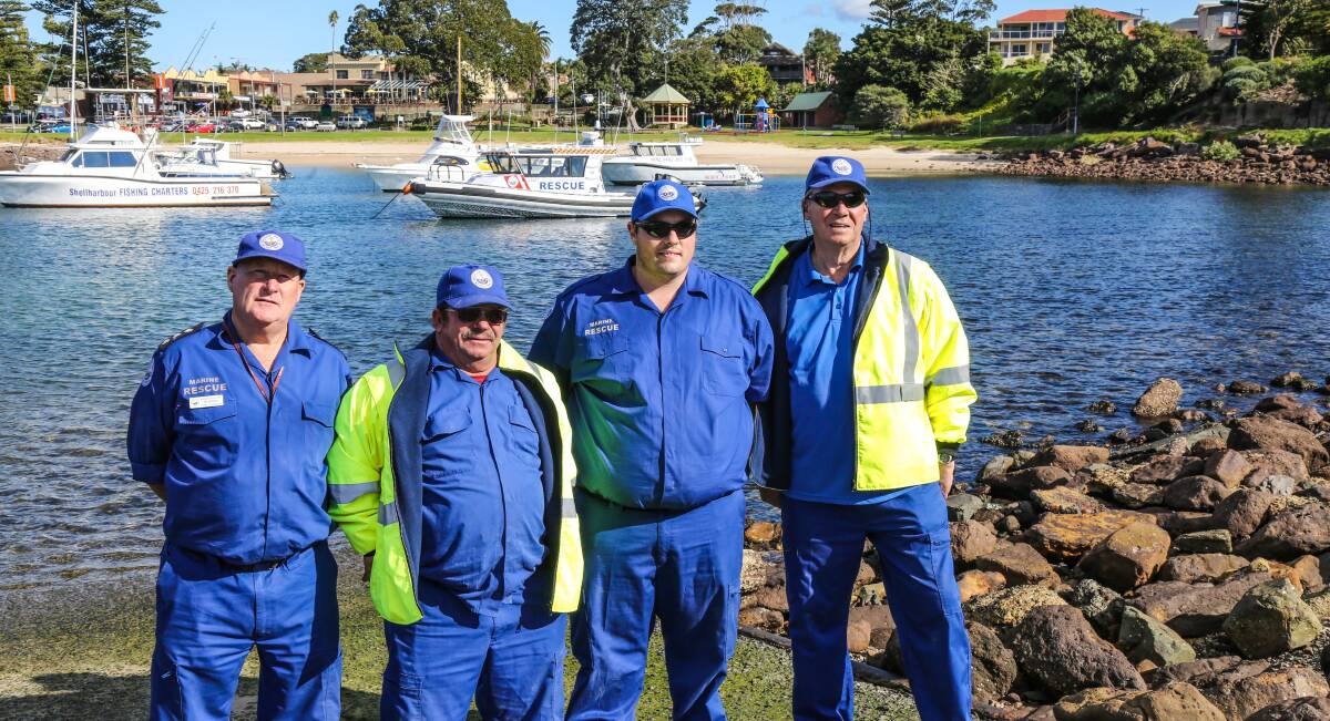 The Shellharbour Marine Rescue Commander Peter Keft, boat crew Joe Vasconcelos, Stephen Boyd and Skipper Geoff Walls are excited to take charge of their new rescue boat. Picture: GEORGIA MATTS