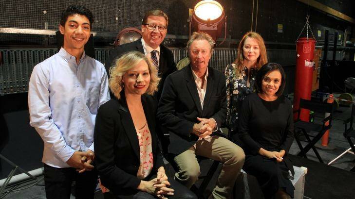 Deputy Premier Troy Grant with actors, from left, Hunter Page-Lochard, Adrien Pickering, Bryan Brown, Mandy McElhinney and Miranda Tapsell. Photo: Peter Rae