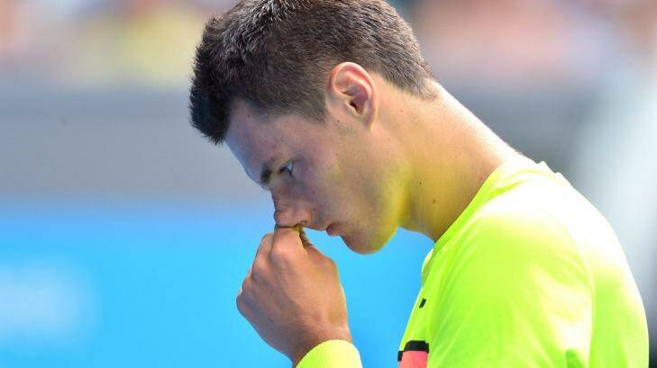 What's going wrong? Tomic tries to work out why he cannot get past Berdych. Photo: Joe Armao