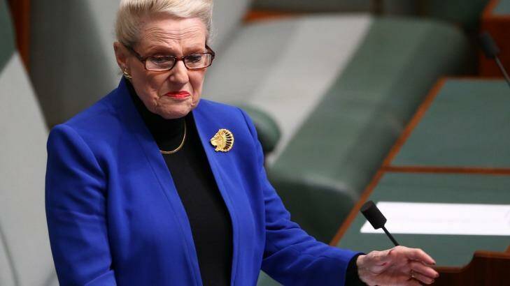 Former Speaker Bronwyn Bishop speaks during the condolence motion for the late Don Randall, at Parliament House in Canberra on Monday. Photo: Alex Ellinghausen