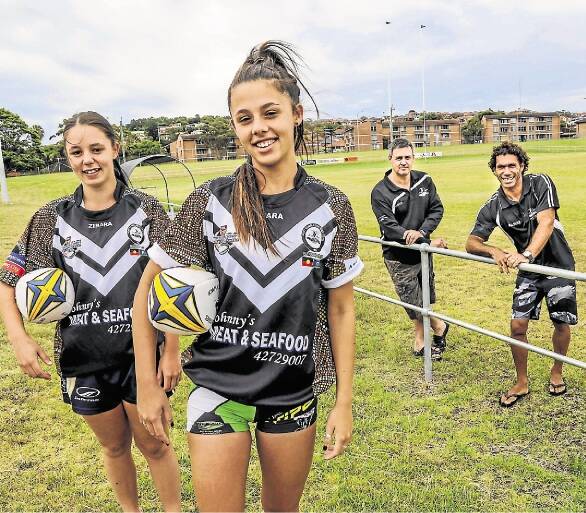 Chelsea Sullivan, Courtney Sullivan, Port Kembla treasurer Rick Lyddiard and first grade coach Mark Simon at Noel Mulligan Oval on Sunday as part of a push for a women's league tag team for the 2015 South Coast competition. Picture: GEORGIA MATTS