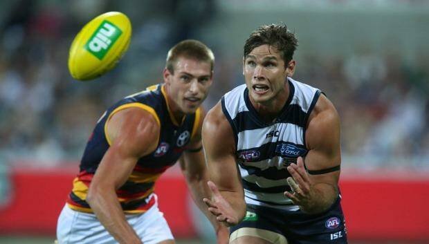 Geelong forward Tom Hawkins in action in the opening round clash against The Adelaide Crows. Photo: Pat Scala