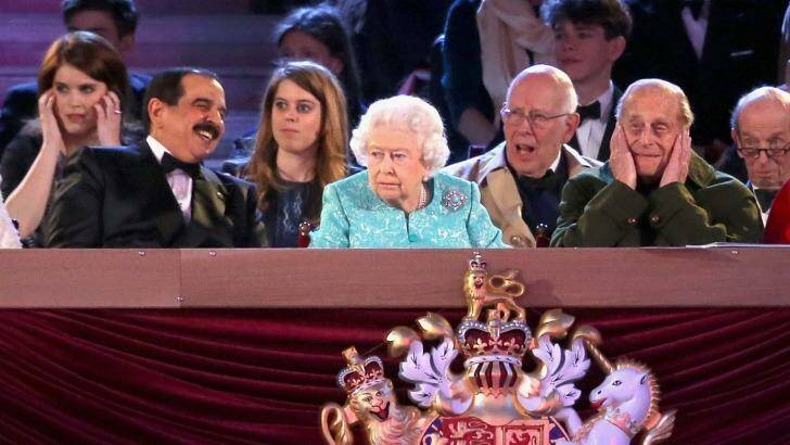 The King of Bahrain, Hamad bin Isa al-Khalifa, sits at the right hand of the Queen during the televised celebration of her  90th birthday at Windsor Castle. Photo: PA via AP