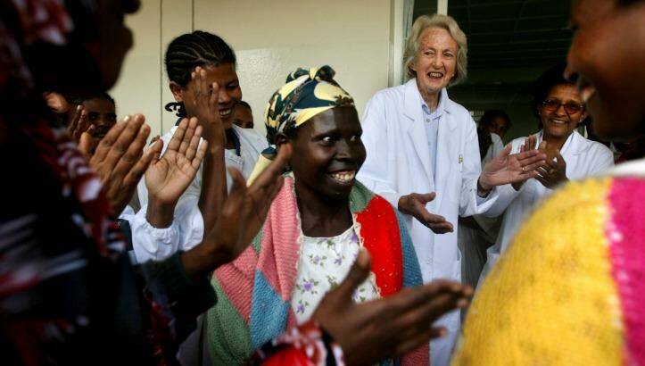 Dr Catherine Hamlin celebrates with staff and cured patients who are heading home after treatment. Photo: Kate Geraghty