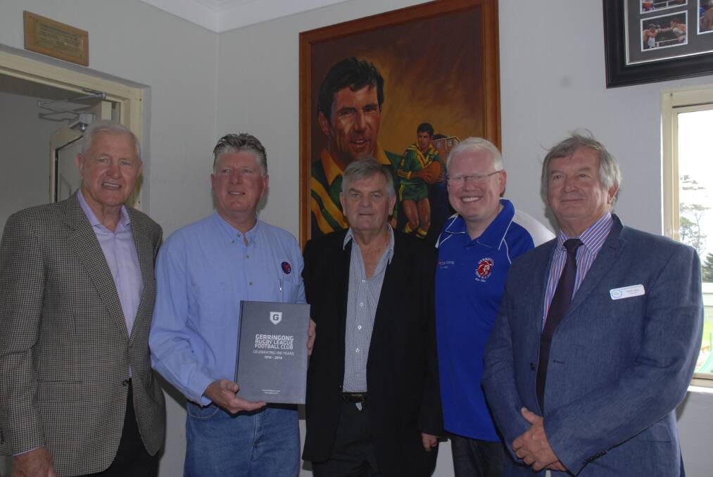 League legend Ron Coote, Gerringong club president Daryl Hobbs, book editor Barry Ross, Member for Kiama Gareth Ward and Kiama councillor Mark Way at the launch of the Gerringong Lions' centennial book last Saturday. Picture: PHIL McCARROLL