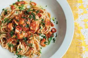 Linguine con Triglie al Curry - linguine with curried red mullet. From Antonio Carluccio.