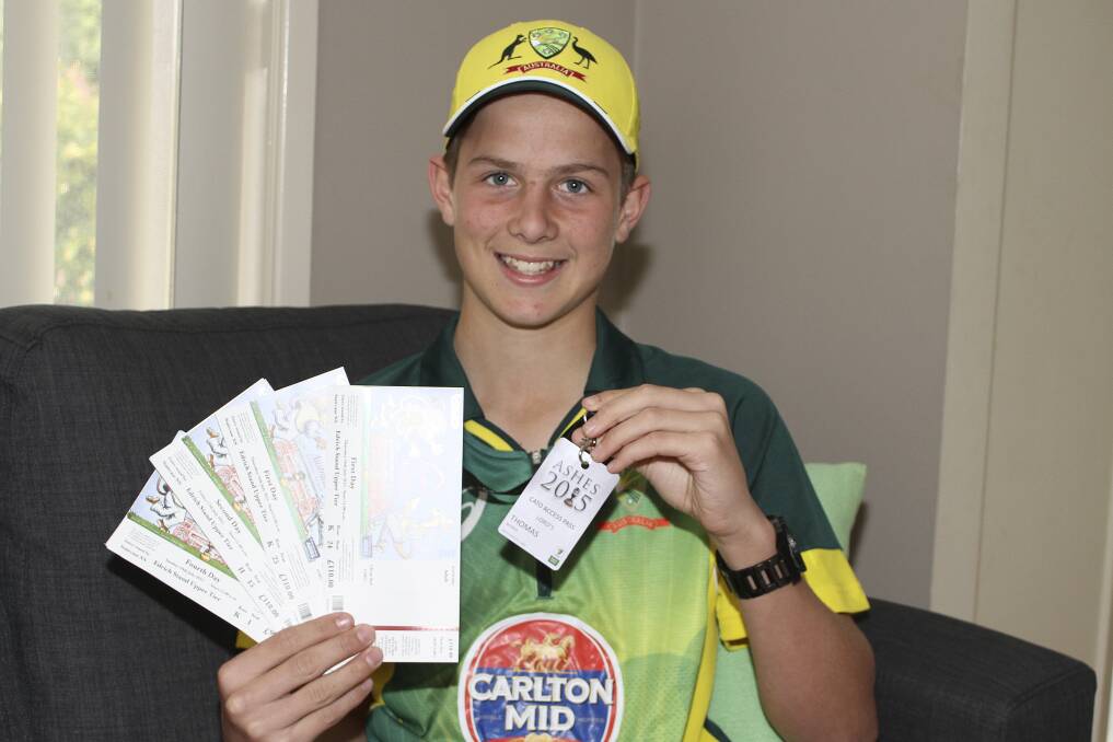 Kiama teenager Tom Norris proudly shows off the tickets and pass he has won to attend the second Ashes Test at Lord's this week. Picture: DAVID HALL