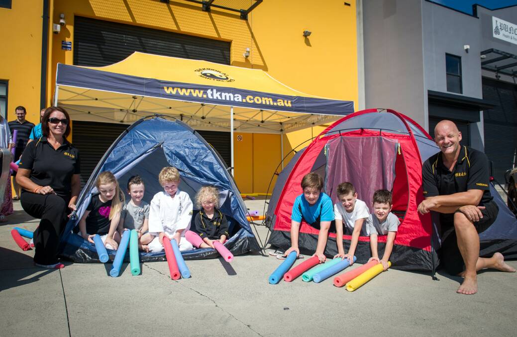 Getting into the spirit of the Camp Out idea are Jenny and Rodney Day with Ruby Mumford, Seth Condon, Max Palk, Ruby Palk, Ryan Sheridan, Jack Tomasi and Brady Tomasi. Picture: ALBEY BOND