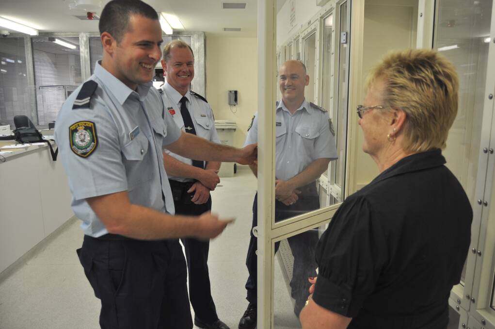 Senior Constable Ryan Simpson walks through some of the topics which will be covered on the guided tours during the open day with Sergeant Grant Hughes, Inspector Ron Davis and Margaret Purcell from the Denny Foundation. Picture: ELIZA WINKLER