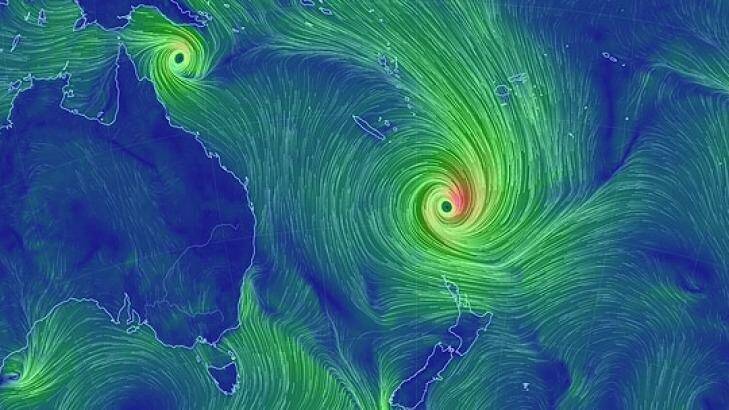 Cyclone Pam as it headed south after slamming Vanuatu, while Cyclone Nathan lingers of the Queensland coast Photo: EarthWindMap