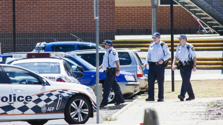 ACT police outside Canberra's Lanyon High School on Tuesday, following a bomb threat. Photo: Rohan Thomson