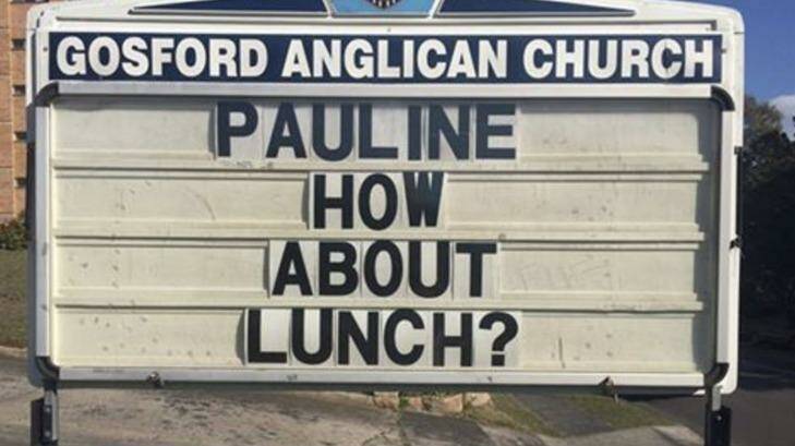 The 'open, public and ongoing invitation' to Pauline Hanson to join Gosford Anglican Church for lunch to discuss a 'safe and harmonious' Australia. Photo: Facebook/ Anglican Parish of Gosford