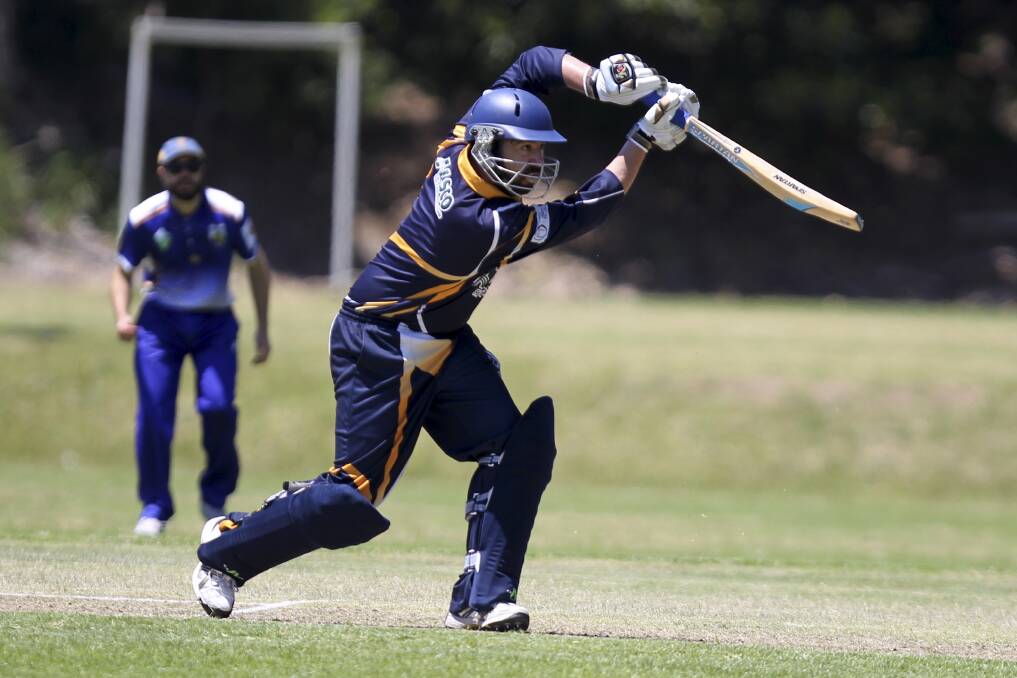 Lake Illawarra opening batsman Mark Ulcigrai on the attack during a recent South Coast Cricket Association match. His blazing century on Saturday helped spearhead the Lakers into the Sommers Cup Twenty20 final. Picture: DAVID HALL