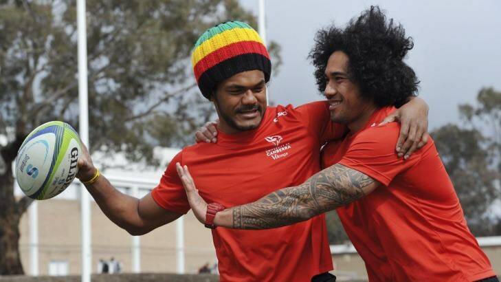 Canberra Vikings players, Henry Speight, left and Joe Tomane have some fun ahead of Saturday's game. Photo: Graham Tidy