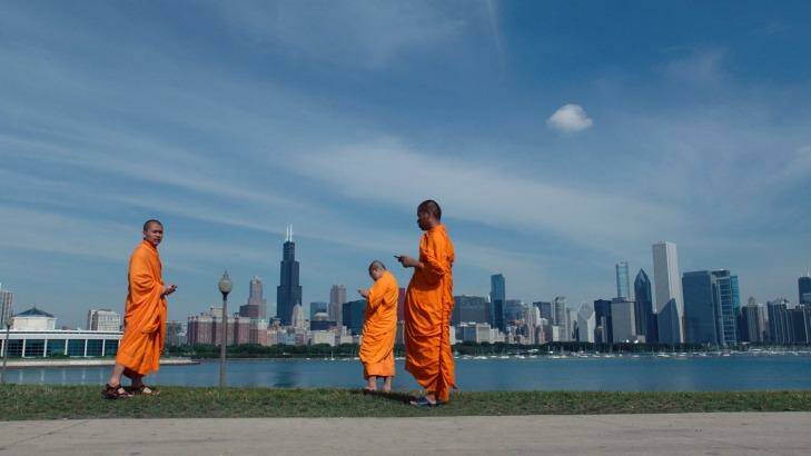 Buddhist monks with their smart phones, in a scene from Lo and Behold: Reveries of the Connected World. Photo: Madman