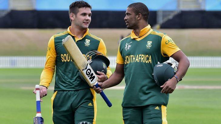 South Africa's Rilee Rossouw (L) and Vernon Philander walk from the field after winning their warm-up game against Sri Lanka. Photo: Marty Melville