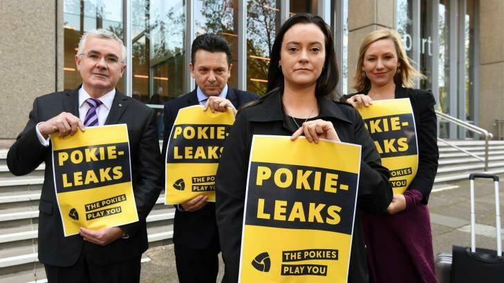 Greens deputy leader, Larissa Waters, Andrew Wilkie MP, Senator Nick Xenophon, and former pokie machine victim, Shonica Guy launch PokieLeaks in Sydney CBD.  Photo: Peter Rae