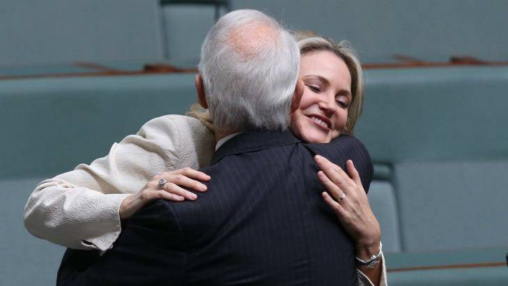 Melissa Parke is embraced by Philip Ruddock after her farewell speech at Parliament House. Photo: Andrew Meares