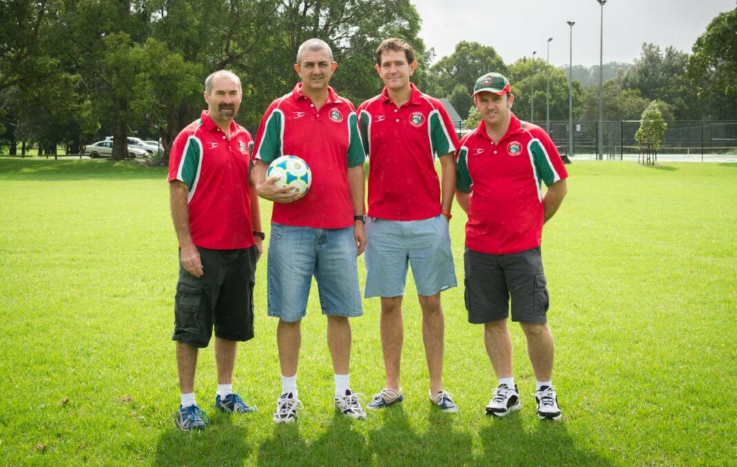 Jamberoo Football Club players Scott Butfield, Danny Gades, Adam Murray and Andrew Marshall who are looking forward to helping celebrate the club's 20th anniversary. Picture: DAVID HALL
