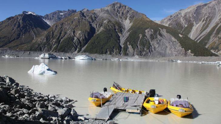 Tasman Lake is at the terminal of Tasman Glacier. The lake is one of the few in the world where tourists can cruise up close to icebergs formed from a glacier.  Photo: iStock