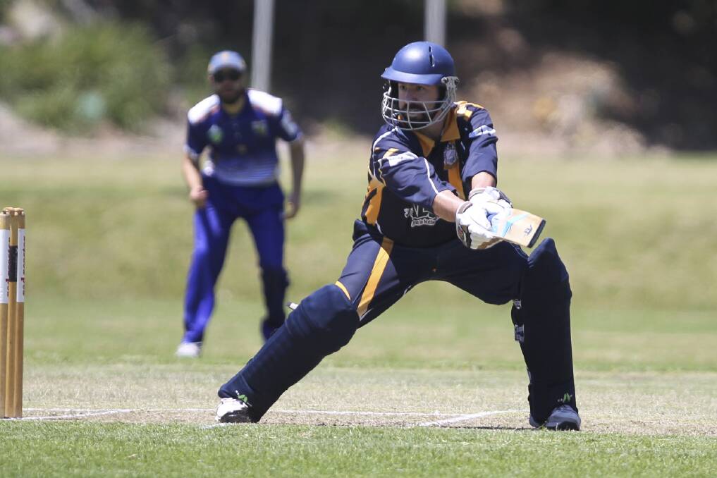 Lake Illawarra opening batsman Mark Ulcigrai hammers the ball behind point during his sparkling innings of 65 against Kiama at Cavalier Park. Picture: DAVID HALL