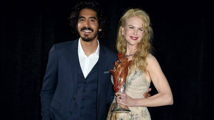 Nicole Kidman, winner of the international star award for <i>Lion</i>, and presenter Dev Patel backstage at the 28th annual Palm Springs International Film Festival Awards Gala on January 2. Both are nominated for Golden Globes for their work in the film. Photo: Jordan Strauss