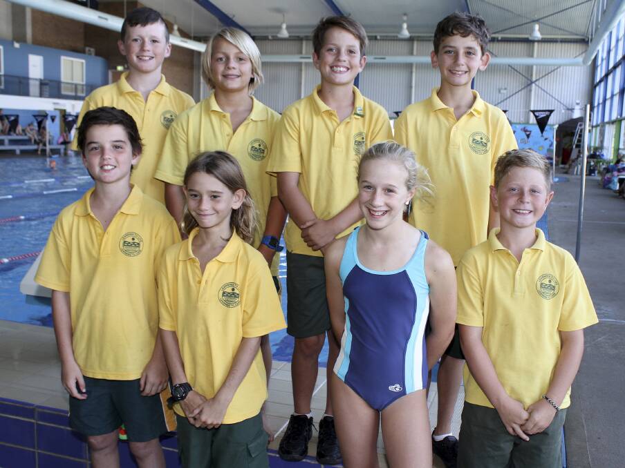 Off to state: (Back) Mitchell Tucker, Luke Males, Kade Roberts, Sam Scobie; (front) Kurtis Bennett, Jasper Scobie, Marlo Lewis and Callum Roberts. Nick Bamford was absent. Marlo Lewis won the under-11 butterfly and came third in the backstroke during a powerful individual display at the NSW State swimming titles.