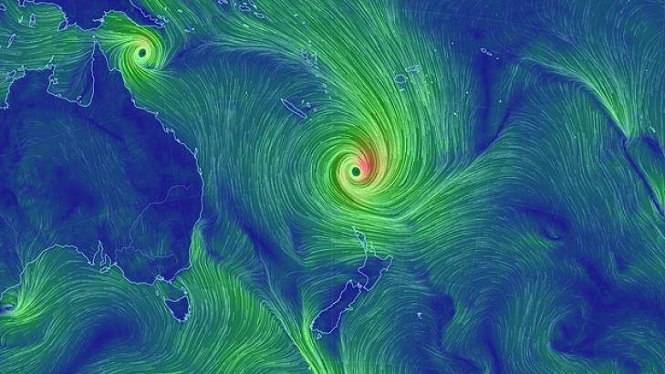 Cyclone Pam heads south after slamming Vanuatu, in this graphic from EarthWindMap. Photo: EarthWindMap
