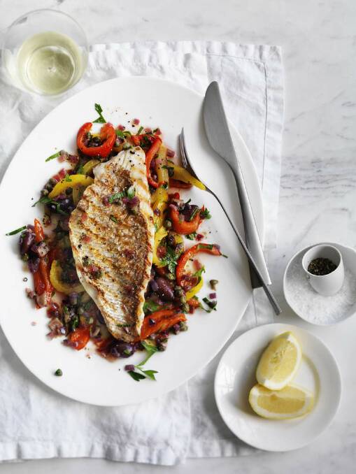 Neil Perry's grilled snapper with roast capsicum, onion and olive salsa  <a href="http://www.goodfood.com.au/good-food/cook/recipe/grilled-snapper-with-roast-capsicum-and-olive-salsa-20120312-29u1p.html?aggregate=518712"><b>(recipe here).</b></a> Photo: WILLIAM MEPPEM