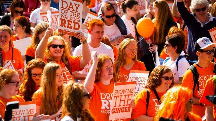 Redheads from across Australia march in Melbourne's recent Ginger Pride Rally. Photo: Chris Hopkins