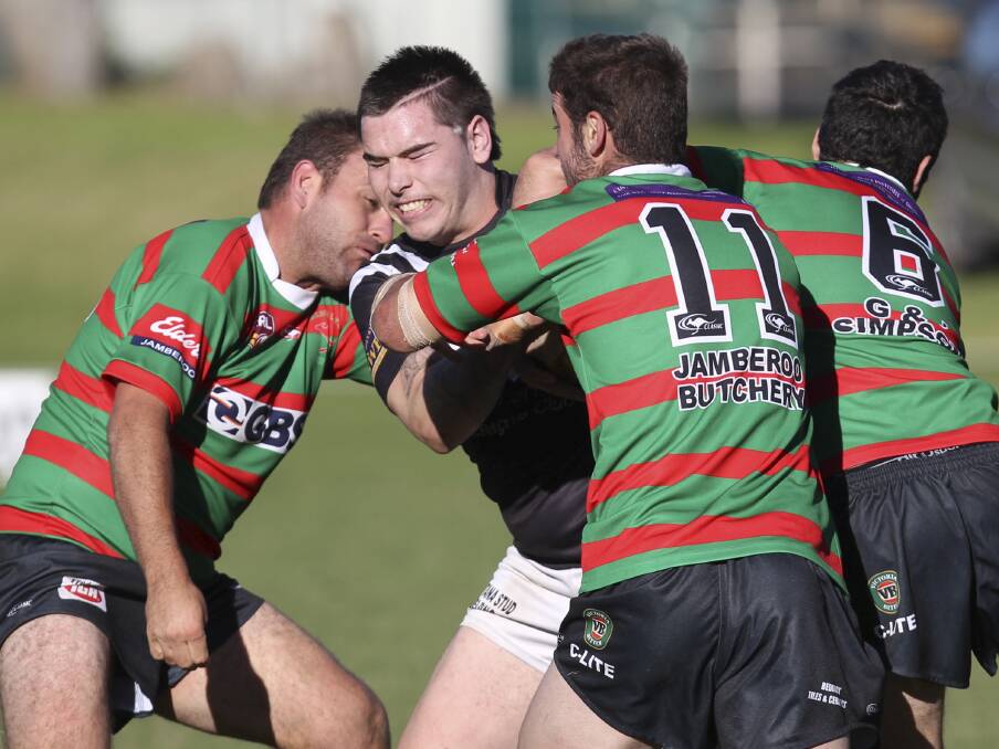 Rugged Port Kembla front-rower Jack Garrett takes on the Jamberoo defence during his side's defeat at Kevin Walsh Oval on Sunday. Picture: DAVID HALL
