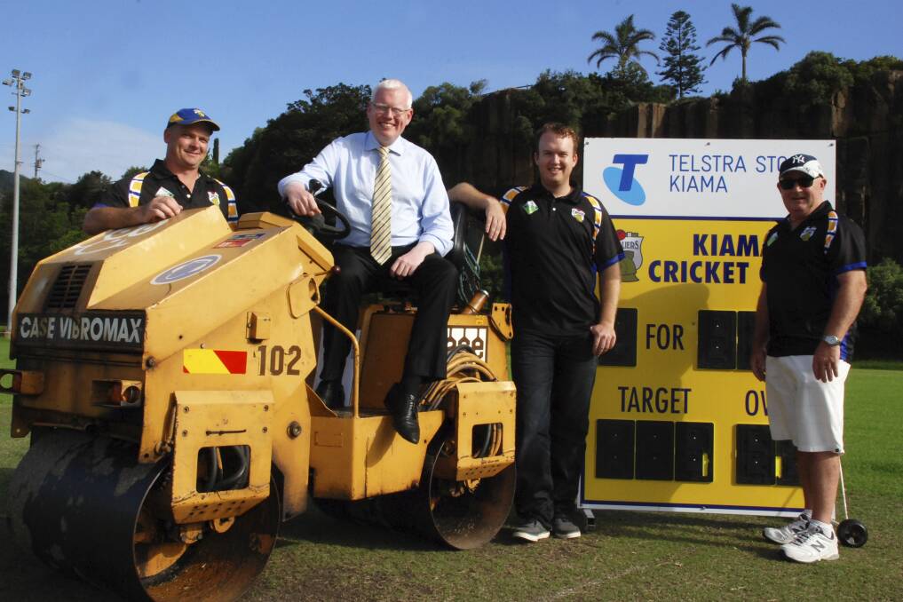 Member for Kiama Gareth Ward on the Kiama Cricket Club's old roller with the club's junior co-ordinator Peter Lawton, club treasurer Nathan Barr and secretary Brendan Barr. Picture: DAVID HALL