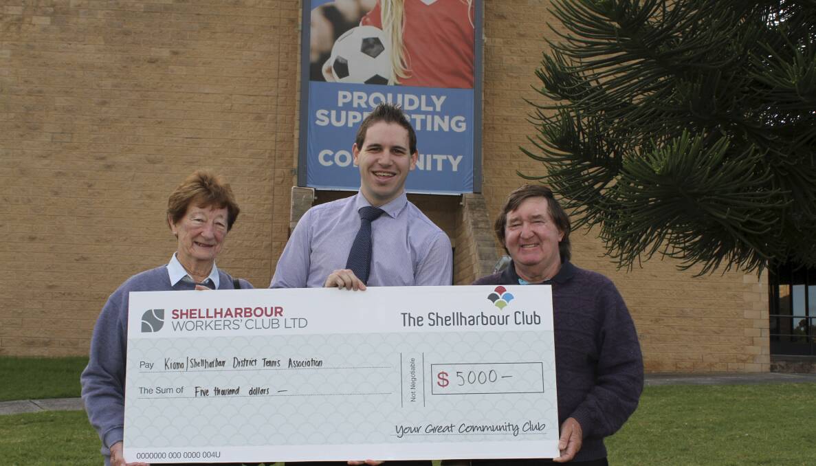 KIAMA-SHELLHARBOUR District Tennis Association has received a huge boost thanks to The Shellharbour Club and Clubs NSW. As part of Clubs Grants, the association recently accepted a cheque for $5000, which has been used to meet some of the cost of resurfacing the association courts at McDonald Park at Albion Park Rail. Pictured are association treasurer Mavis Morphett, Shellharbour Club gaming manager Jason Petrolo and association junior development officer Bill Summerside at the presentation of the cheque. Picture: DAVID HALL