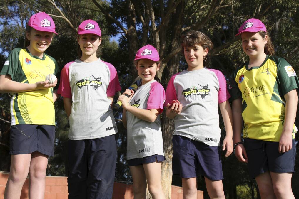 Budding women's cricket champions Abbey Speering, Juliette Burgess, Charlotte Beahan, Chloe Robbins and Emma Davison, who are helping promote the upcoming Kookaburra Cup. Picture: DAVID HALL