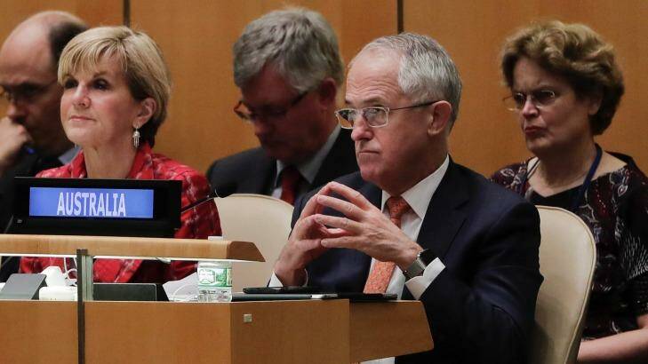 Australian Prime Minister Malcolm Turnbull and Foreign Minister Julie Bishop listen during the 71st session of the United Nations General Assembly.  Photo: Julie Jacobson