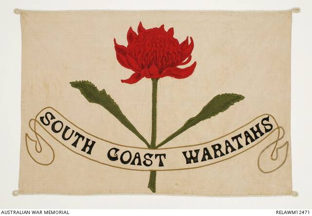 The banner was made by the Nowra Branch of the Red Cross Society for the South Coast Waratahs Recruiting March. Australian War Memorialsouth-coast-waratahs-flag1.JPG