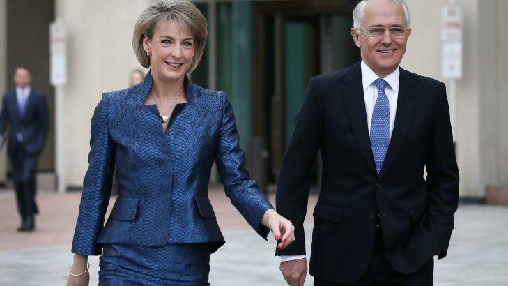 Employment Minister Michaelia Cash and Prime Minister Malcolm Turnbull met volunteer firefighters on Monday ahead of the Senate win. Photo: Alex Ellinghausen