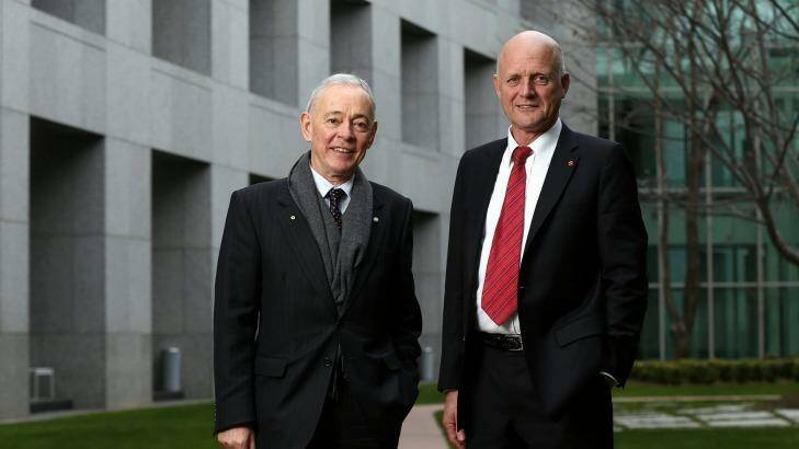 Former Family First senator Bob Day and with Liberal Democrats senator David Leyonhjelm at Parliament House in Canberra.