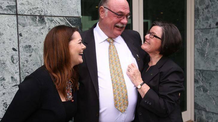 Cathy McGowan (right) with Liberal Warren Entsch and the Greens Sarah Hanson-Young after Mr Entsch introduced a private member's bill on marriage equality last August. Photo: Andrew Meares