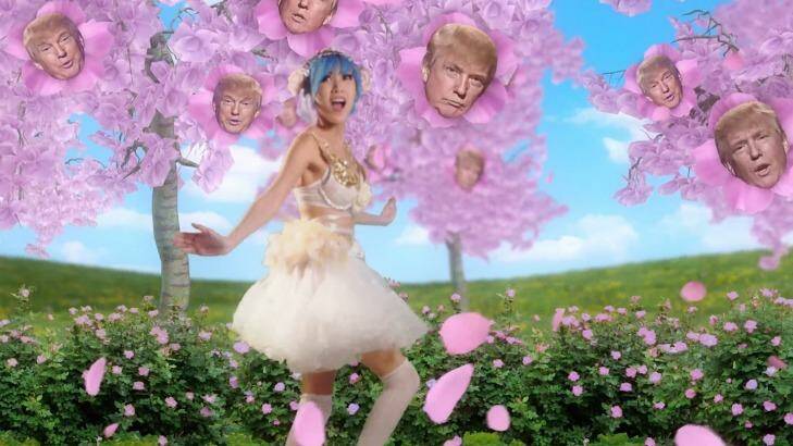 Chloe Doan skips through a field of Donald Trump cherry trees in the fake Japanese campaign video created by Mike Diva. Photo: supplied
