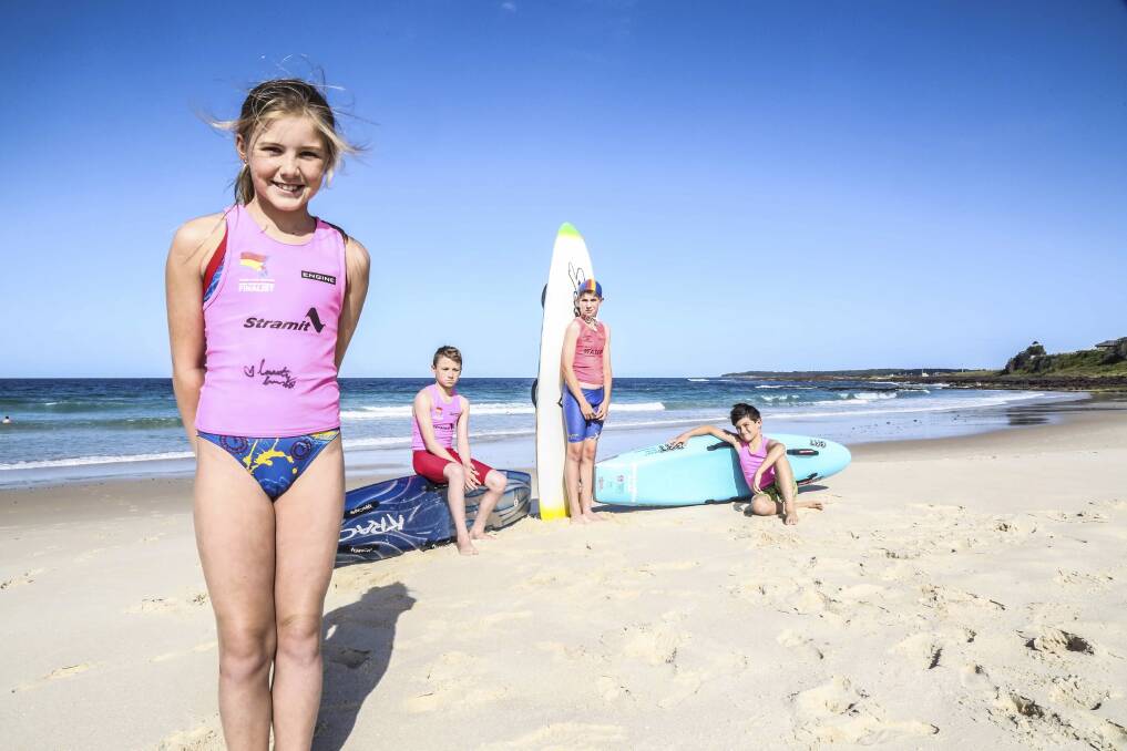 Taylah Richards, Kai Richards, Deakin Southern and Bailey Kristevski are primed for Shellharbour Surf Life Saving Club's big 2014/15 season. Picture: GEORGIA MATTS