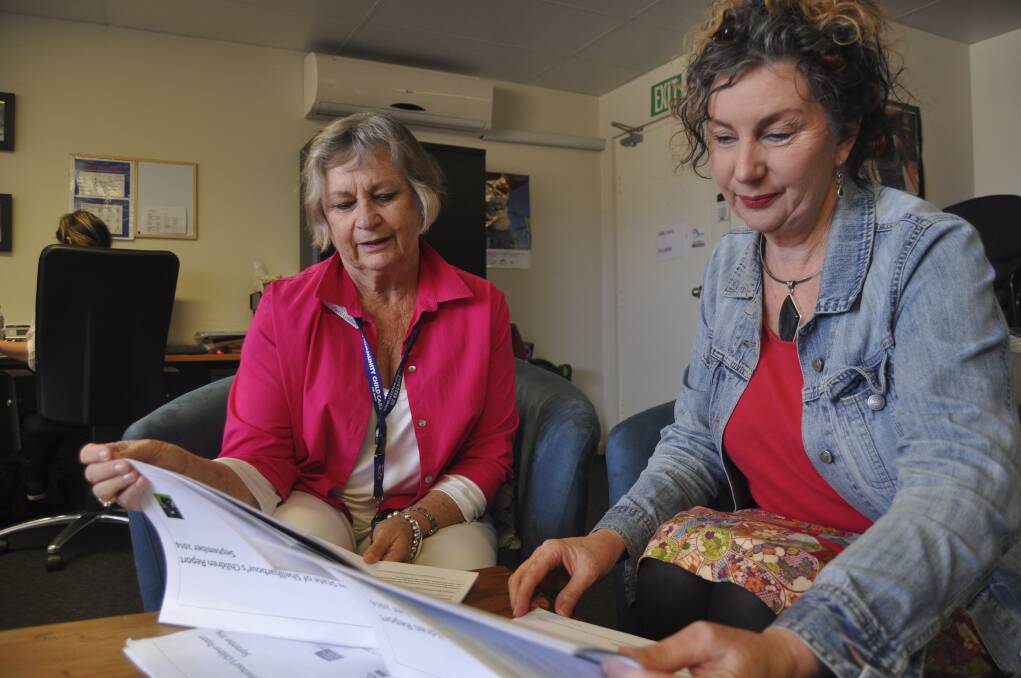 Barnardos Australia senior project officer Carol Lymbery and program manager Lisa O'Grady go over the State of Shellharbour's Children Report 2014 to help create a better future for the region's kids. Picture: ELIZA WINKLER
