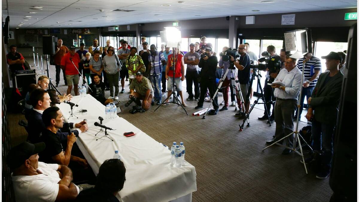 The media at the weigh in  at the Newcastle Entertainment Centre on Tuesday ahead of Wednesday's fight between Anthony Mundine and Joshua Clottey . Picture: Ryan Osland