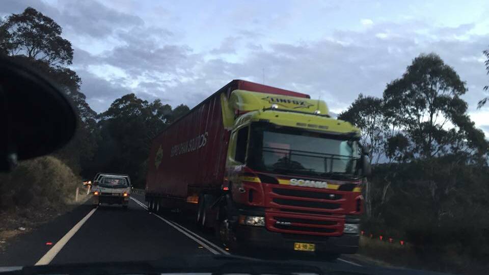 SIDE-SCRAPED:  The Scania prime-mover involved in Monday’s accident on the Kings Highway.