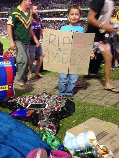 Shaun, son of Phillip Grant, remembers his father at Friday's Knights-Broncos clash. Picture: Supplied
