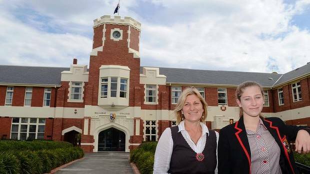 Wendy Gordon and her year 8 daughter Pia, outside Clarendon College in Ballarat. The family moved to the regional city to take advantage of more-affordable, high-quality private schooling. Photo: Kyle Barnes
