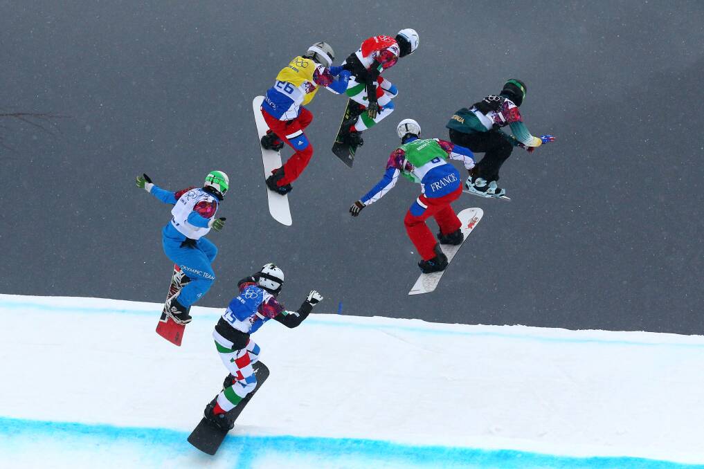 Hanno Douschan of Austria (white bib), Luca Matteotti of Italy (blue bib), Pierre Vaultier of France (green bib), Paul-Henri De Le Rue of France (yellow bib), Omar Visintin of Italy (red bib) and Cameron Bolton of Australia (black bib) compete in the Men's Snowboard Cross Semifinals on day eleven of the 2014 Winter Olympics at Rosa Khutor Extreme Park on February 18, 2014 in Sochi, Russia. Photo: GETTY IMAGES