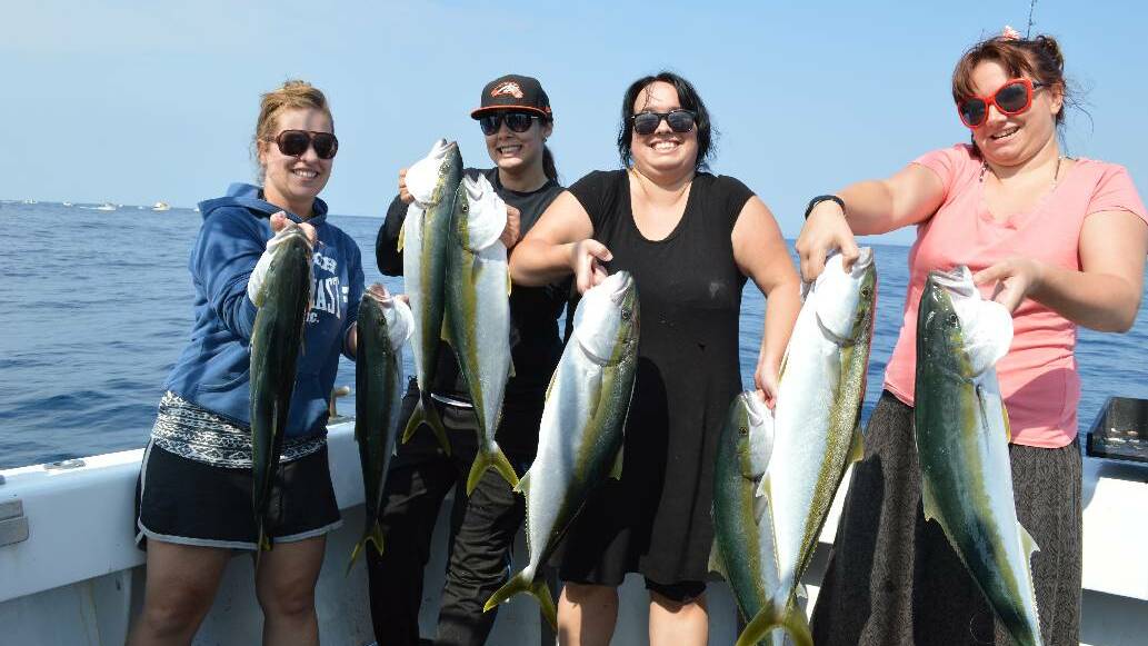 GIRL CATCH: Imagine, Bec, Effie and Vanessa from Canberra on a girls weekend away proved that the boys don’t have all the fun enjoying a great kingfish bite last Sunday with Wazza and Simon of Lighthouse Charters. (5/3/2014) 